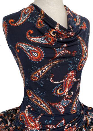 Printed Jersey Knit Paisley Red Orange on Navy